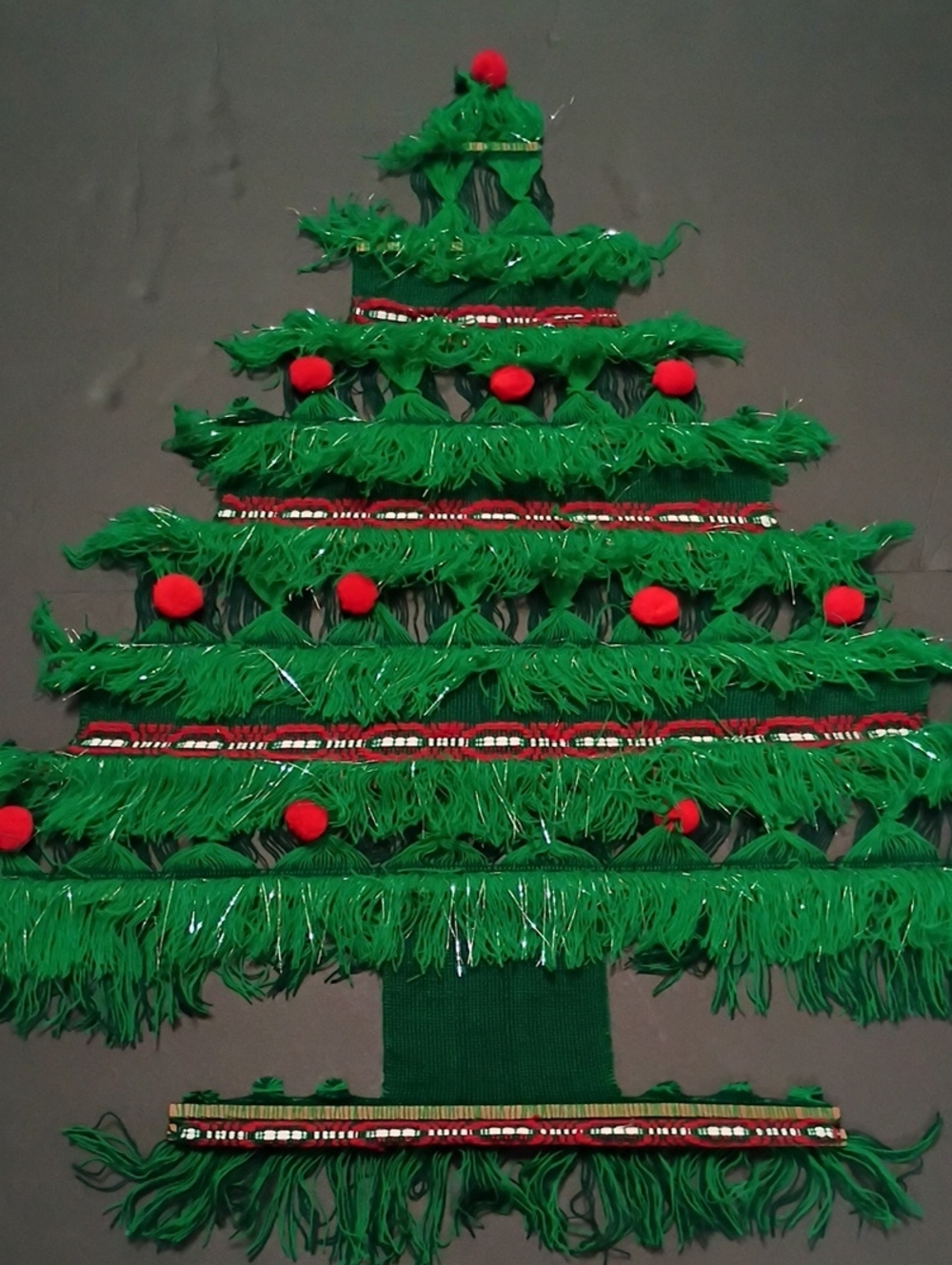 Vintage Christmas Tree Wall Hanging Woven Yarn Tinsel with Red Pom-Pom Accents